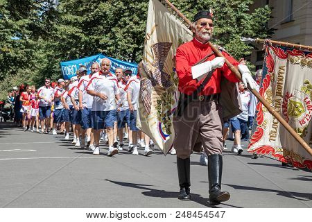 Prague, Czech Republic - July 1, 2018: Men Parading At Sokolsky Slet, A Once-every-six-years Gatheri