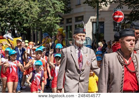 Prague, Czech Republic - July 1, 2018: People Parading At Sokolsky Slet, A Once-every-six-years Gath