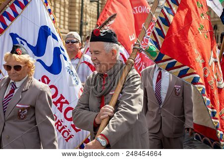 Prague, Czech Republic - July 1, 2018: People Parading At Sokolsky Slet, A Once-every-six-years Gath