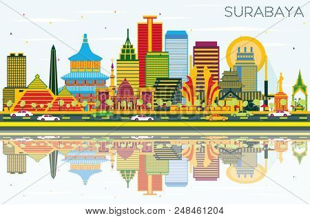 Surabaya Indonesia Skyline with Color Buildings, Blue Sky and Reflections. Business Travel and Tourism Concept with Modern Architecture. Surabaya Cityscape with Landmarks.