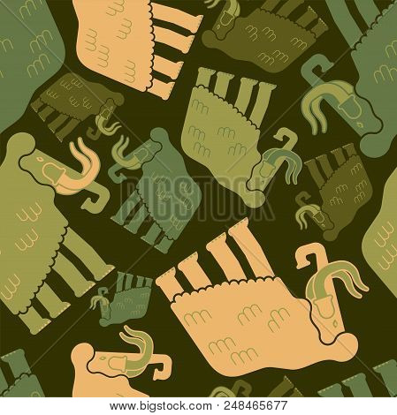 Mammoth Military Pattern Seamless. Prehistoric Elephant Khaki Soldiery Texture. Green Camouflage Arm