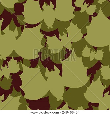 Bat Military Pattern Seamless. Animal Khaki Soldiery Texture. Green Camouflage Army Background . Pro