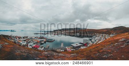 Hammerfest Norway, Panorama Of The City And The Bay With Cloudy Weather Taken From The Surrounding H