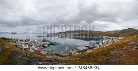 Hammerfest Norway, Panorama Of The City And The Bay With Cloudy Weather Taken From The Surrounding H