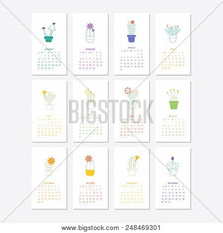 Calendar 2019.calendar With Succulents And Cactus Plants.