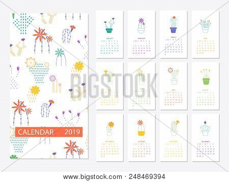 Calendar 2019.calendar With Succulents And Cactus Plants.