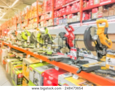 Abstract Blurred Power Tool Combo Kits At Hardware Store In America