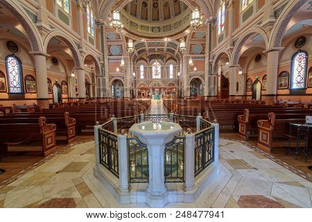 Sacramento, California - July 6, 2018:  Nave Of Cathedral Of The Blessed Sacrament. Cathedral Of The