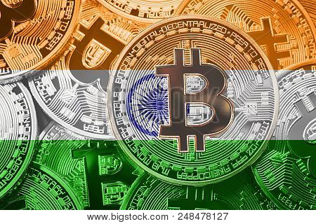 Stack Of Bitcoin India Flag. Bitcoin Cryptocurrencies Concept. Btc Background.