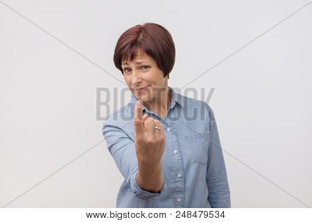 Mature Charming Woman Asking You Come To Her Closer. Human Body Language