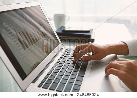 Communication Concept. Humans Use Laptop Computers To Communicate On Desks.