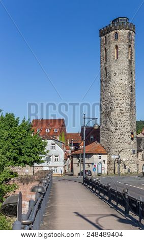 Bridge And Historic Hagelturm Tower In Hannoversch Munden, Germany
