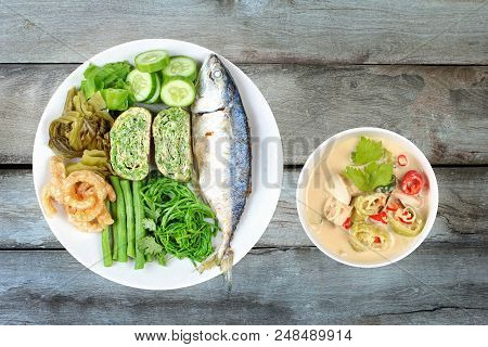 Coconut Milk And Fermented Soy Bean Sauce Call Toa Jiaw Loan In Thai And Dish Of Deep Fired Mackarel