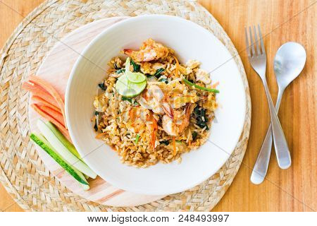 Khao Pad With Shrimp With Vegetables Cucumber And Carrot Serve White Plate Top View Thai Traditional