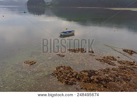 Landscape Of The Estuary Of Ortigueira With Boat And Rocks With Mussels. Carino. La Coruna Spain. Eu
