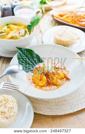 Shrimp In Red Curry Paste With Coconut Milk Kaffir Lime Leaves Thai Traditional Cuisine Restaurant F