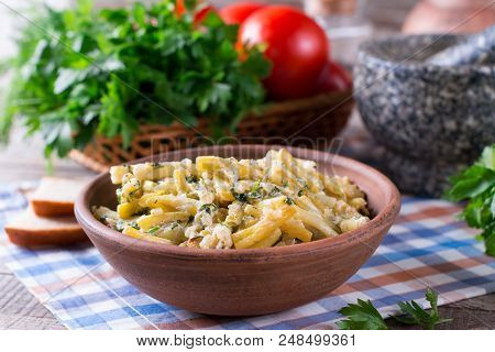 Cooked Green Beans In Sour Cream With Greens