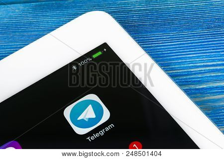 Sankt-petersburg, Russia, July 6, 2018: Telegram Application Icon On Apple Ipad Pro Screen Close-up.