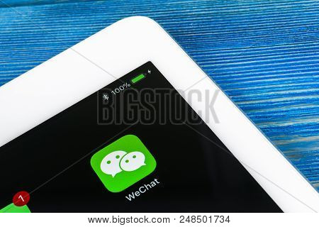 Sankt-petersburg, Russia, July 6, 2018: Wechat Messenger Application Icon On Apple Ipad Pro Smartpho