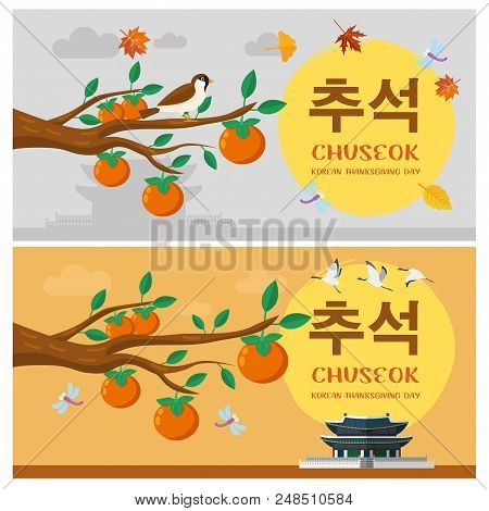 Chuseok, Korean Mid Autumn Festival Banner, 
Illustration Of Persimmon Tree And Autumn Leaves.
(capt