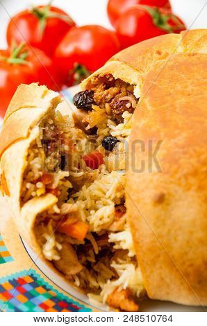 Shah Pilaf. Khan Pilaf In A Pita. Traditional Oriental Dish . On Tableware . Azerbaijan , Baku . Sha