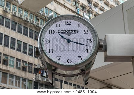 Kowloon, Hong Kong - April 21, 2017: Big Longines Watch Sign At Mong Kok In Kowloon, Hong Kong.