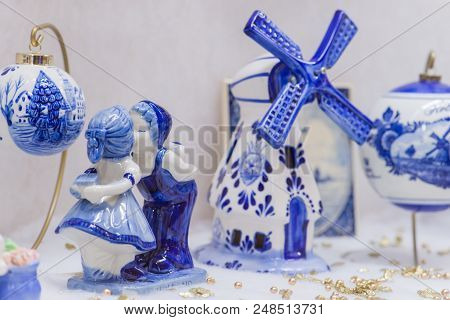 Blue Delftware Christmas Tree Toy Netherlands Closeup Shallow Dof