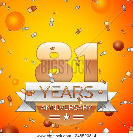 Realistic Eighty One Years Anniversary Celebration Design Banner. Gold Numbers And Silver Ribbon, Ba