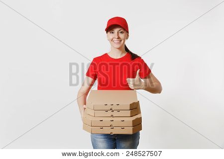 Woman In Red Cap, T-shirt Giving Food Order Pizza Boxes Isolated On White Background. Female Pizzama