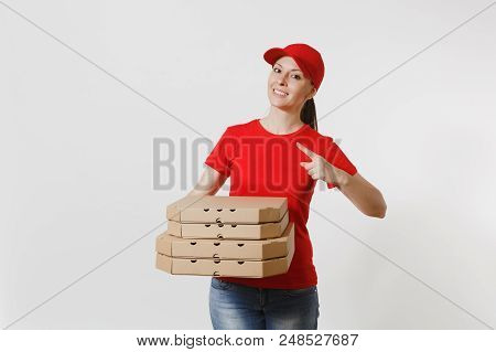 Woman In Red Cap, T-shirt Giving Food Order Pizza Boxes Isolated On White Background. Female Pizzama