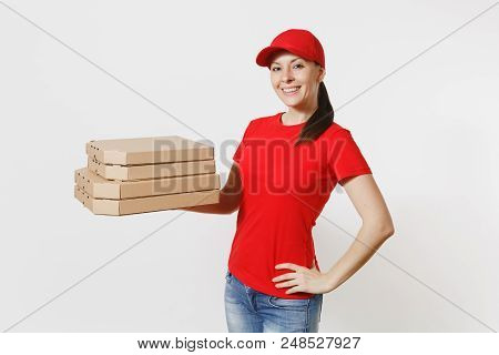 Woman In Red Cap, T-shirt Giving Food Order Pizza Boxes Isolated On White Background. Female Pizzama