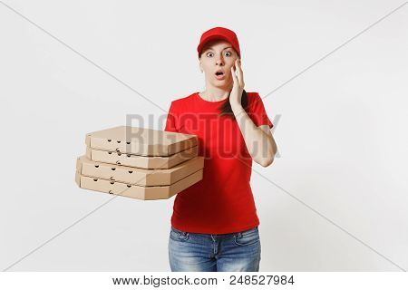 Woman In Red Cap, T-shirt Giving Food Order Pizza Boxes Isolated On White Background. Female Pizzama