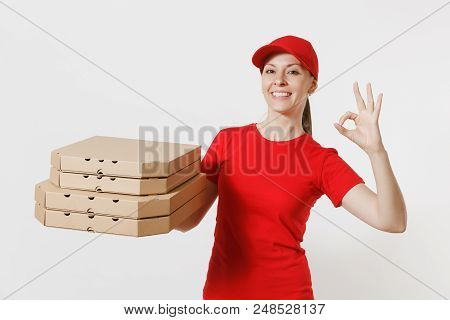 Woman In Red Cap, T-shirt Giving Food Order Pizza Boxes Isolated On White Background. Female Pizzama