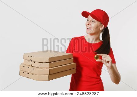 Delivery Woman In Red Cap, T-shirt Giving Food Order Italian Pizza In Cardboard Flatbox Boxes Isolat
