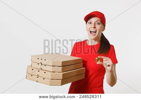 Delivery Woman In Red Cap, T-shirt Giving Food Order Italian Pizza In Cardboard Flatbox Boxes Isolat