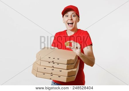 Delivery Woman In Red Cap, T-shirt Giving Food Order Italian Pizza In Cardboard Flatbox Boxes Isolat