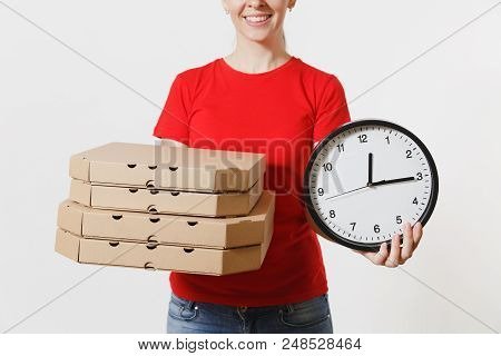 Woman In Red Cap, T-shirt Giving Food Order Pizza Boxes Isolated On White Background. Female Pizzama
