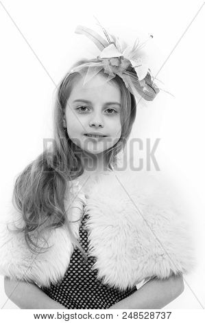 Girl Child With Adorable Face, Flower In Blond Long Hair And Fashionable Fur Pelerine Isolated On Wh