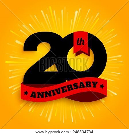 Twenty Years Anniversary Logo With Red Ribbon, 20th Years Celebration. Fireworks On Yellow Backgroun