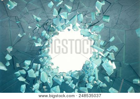 3d Illustration Wall Of Ice With A Hole In The Center Of Shatters Into Small Pieces. Place For Your 