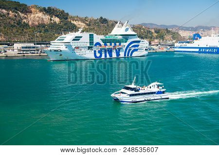 Barcelona, Spain - March 30, 2016: Pleasure Boat And Cruise Ships Gnv, Grimaldi Lines In Sea. Water 