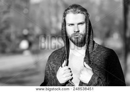Perfect Sport. Spotsman. Macho With Unshaven Face In Hood, Fashion. Barbershop Barber Salon Grooming