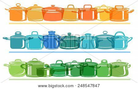 Frying Hot Saucepan Cook Pan Icons Set. Flat Illustration Of Frying Hot Saucepan Cook Pan On Shelf V