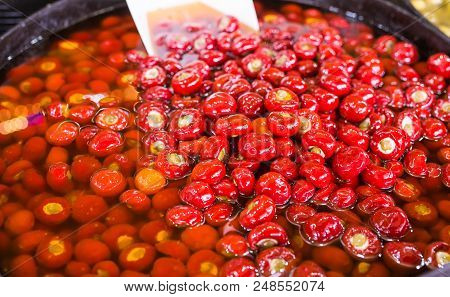 Red Olives Stuffed With Tuna Are On The Market.