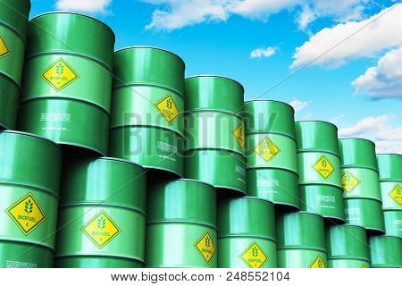 3d Render Illustration Of The Group Of Green Stacked Metal Biofuel Drums Or Biodiesel Barrels In The