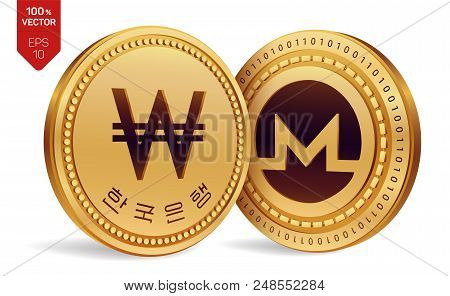 Monero. Won. 3d Isometric Physical Coins. Digital Currency. Korea Won Coin. Cryptocurrency. Golden C