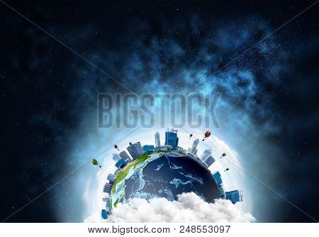 Abstract Image Of Space View At Planet Earth In Clouds With Buildings And Aerostats. Dark Space Haze