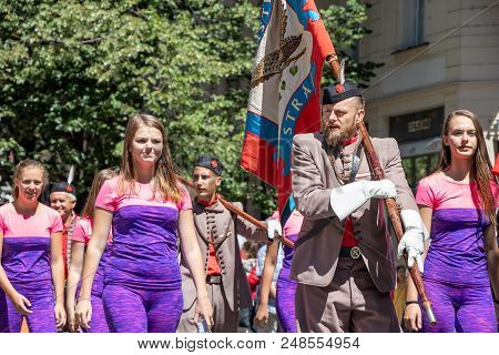 Prague, Czech Republic - July 1, 2018: People Parading At Sokolsky Slet, A Once-every-six-years Gath