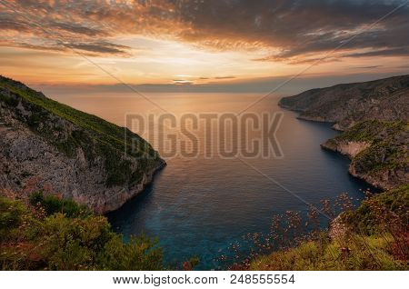 Kampi, The Place For The Most Beautiful Sunset In Zakynthos Island. Summer Time Sunset In Zante