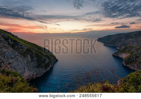 Kampi, The Place For The Most Beautiful Sunset In Zakynthos Island. Summer Time Sunset In Zante